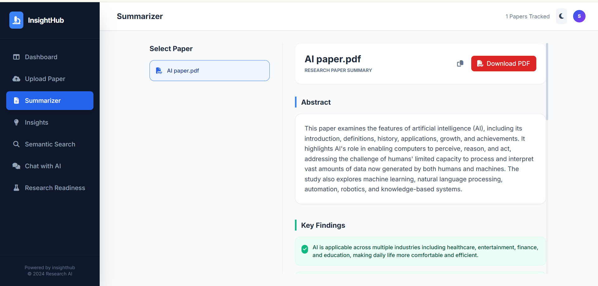 AI Powered Research Paper Summarizer and Insight Extraction - Screenshot 3