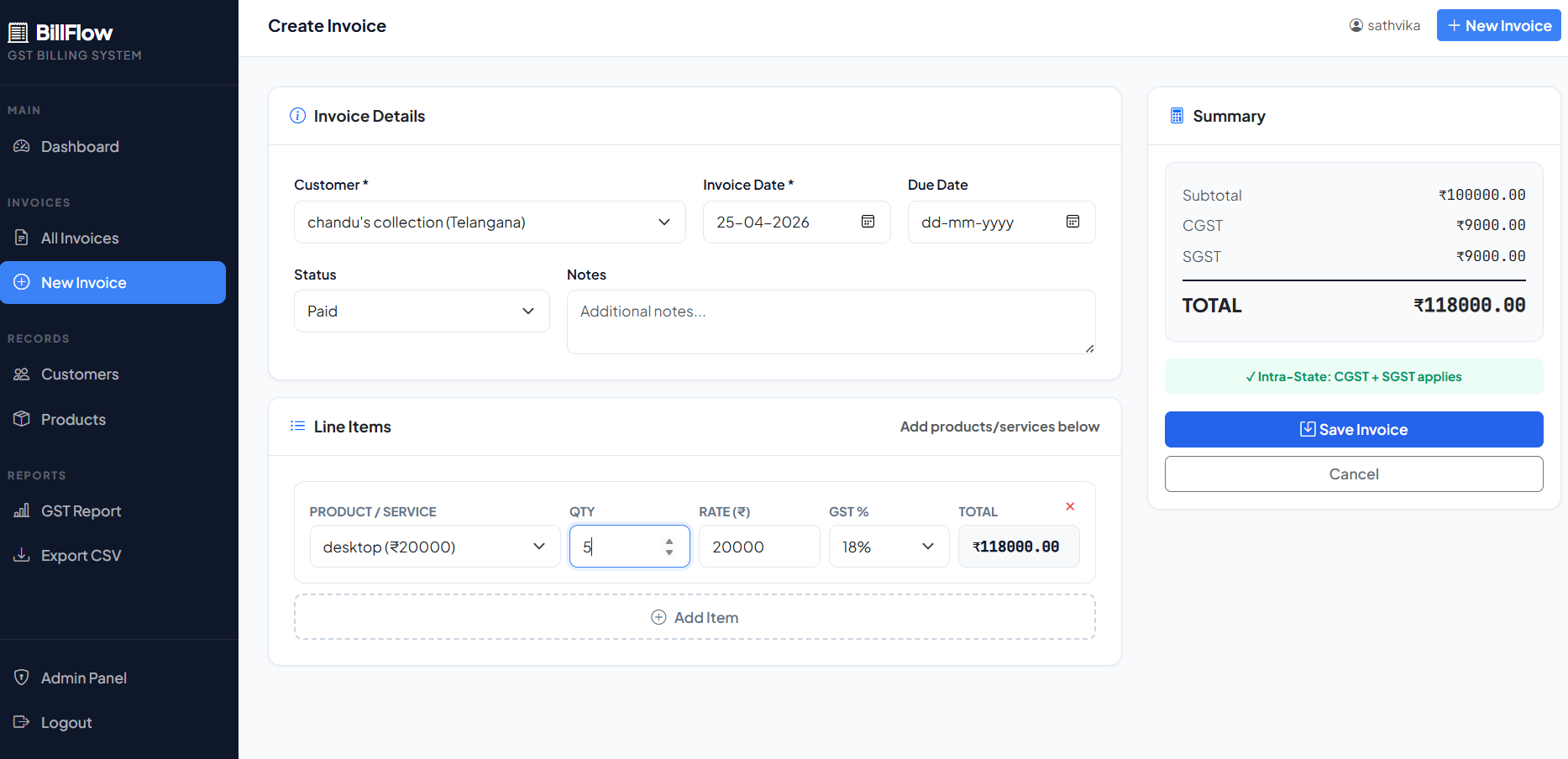 GST Billing System with PDF Invoice Generator - Screenshot 1