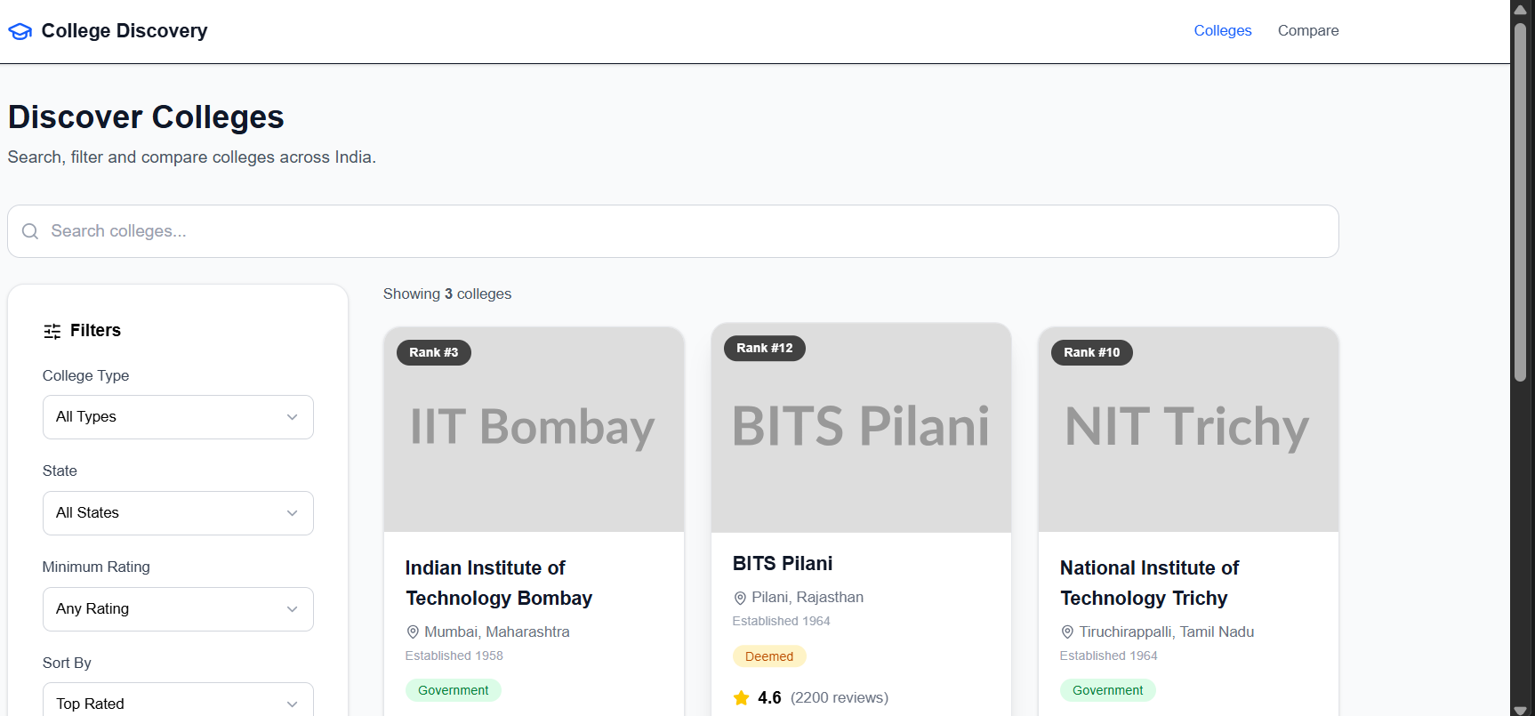 College Discovery Platform - Screenshot 1