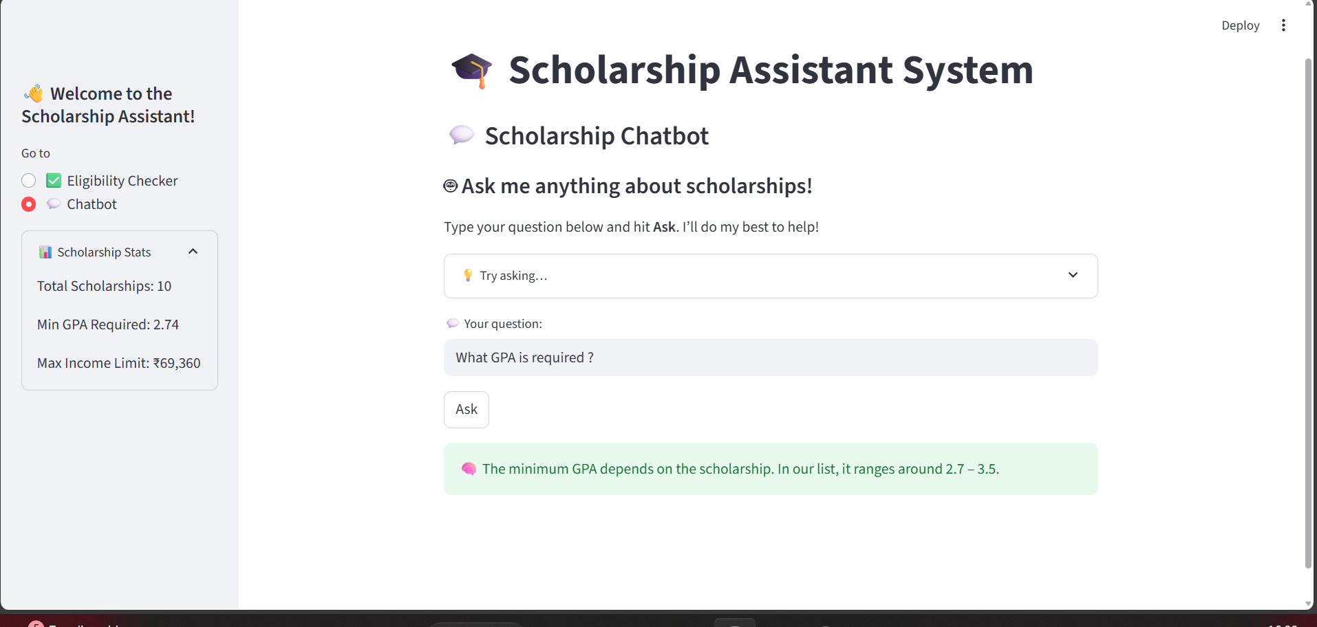 SCHOLARSHIP RECCOMENDATION SYSTEM WITH A CHATBOT USING STREAMLIT - Screenshot 2