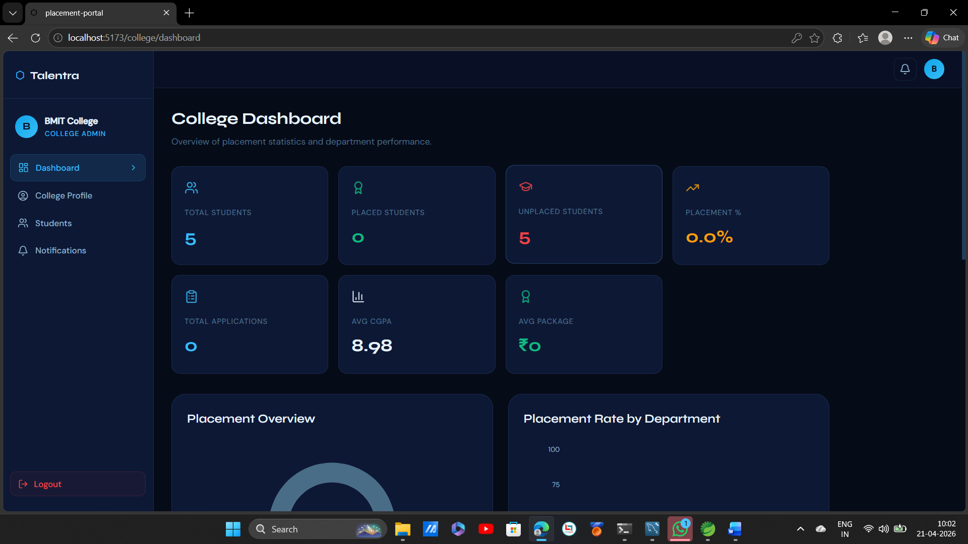 Talentra-Smart Student campus placement project - Screenshot 1