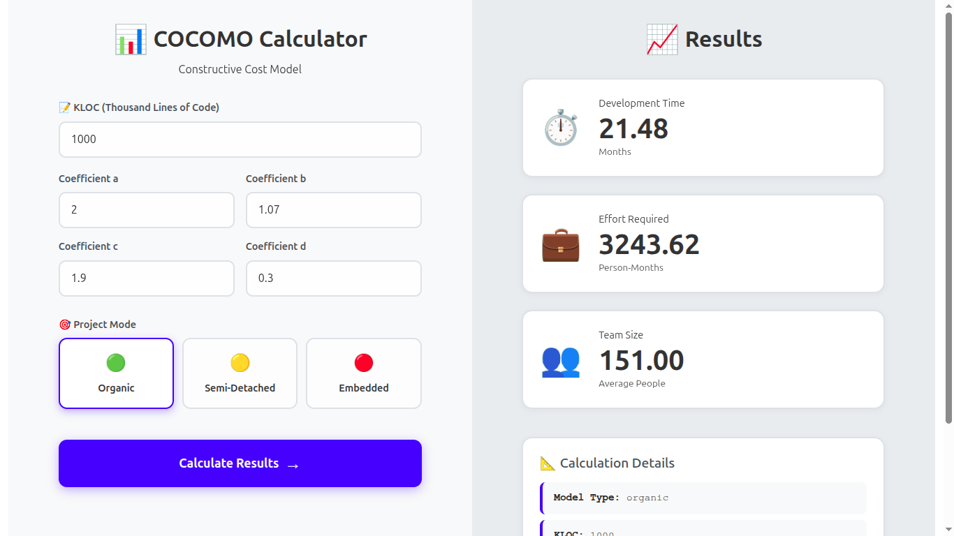 COCOMO Estimation Tool - using React JS and Flask Framework - Screenshot 2