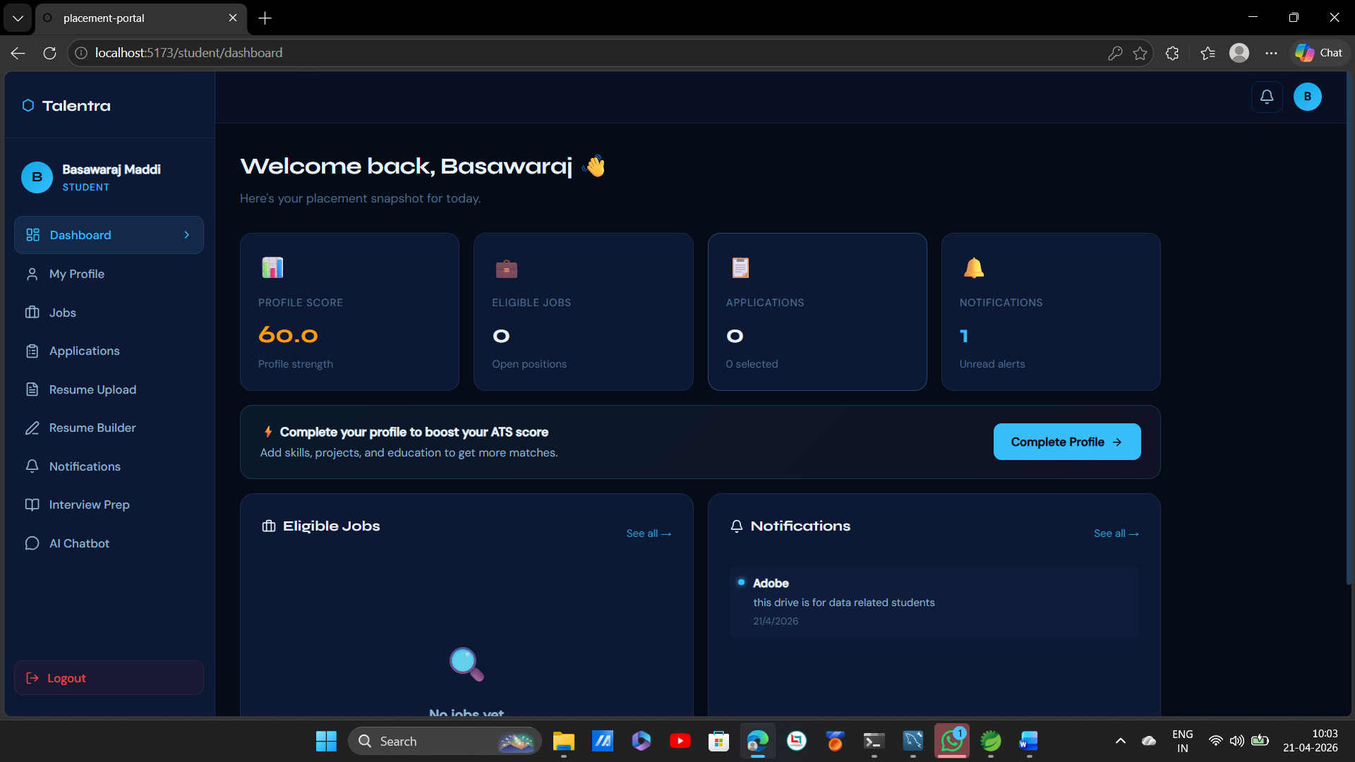 Talentra-Smart Student campus placement project - Screenshot 4
