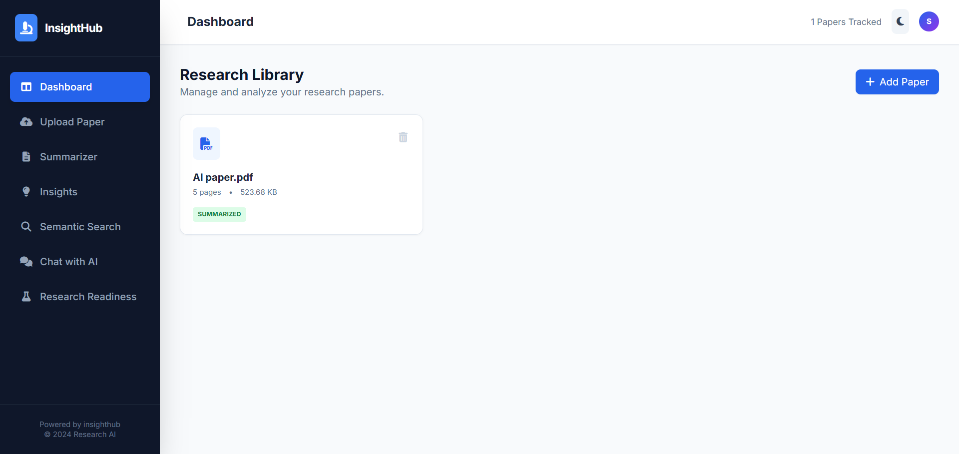 AI Powered Research Paper Summarizer and Insight Extraction - Screenshot 1
