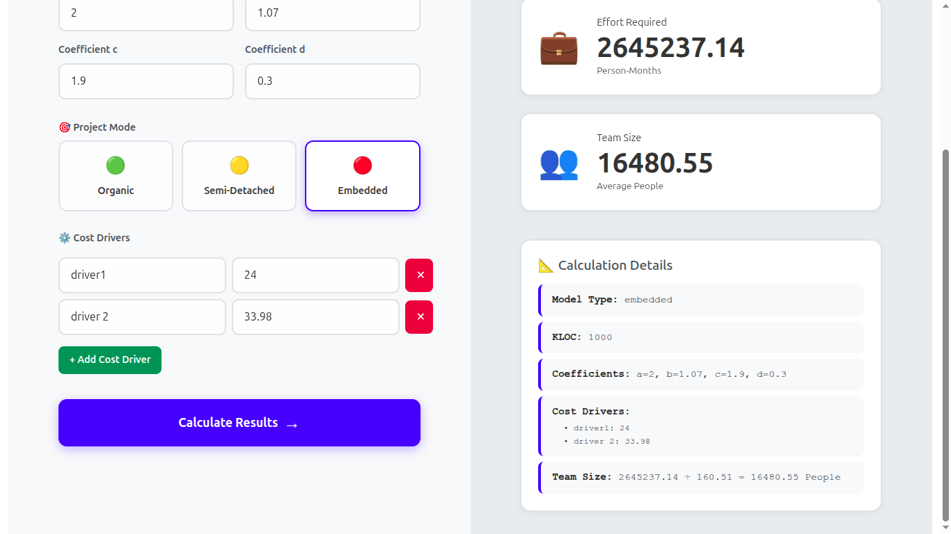 COCOMO Estimation Tool - using React JS and Flask Framework - Screenshot 4