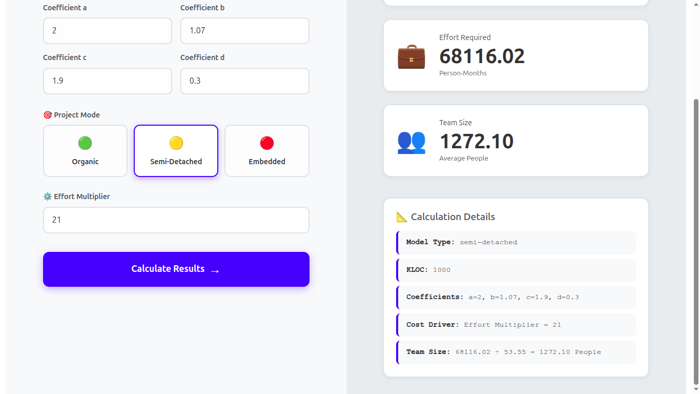 COCOMO Estimation Tool - using React JS and Flask Framework - Screenshot 3