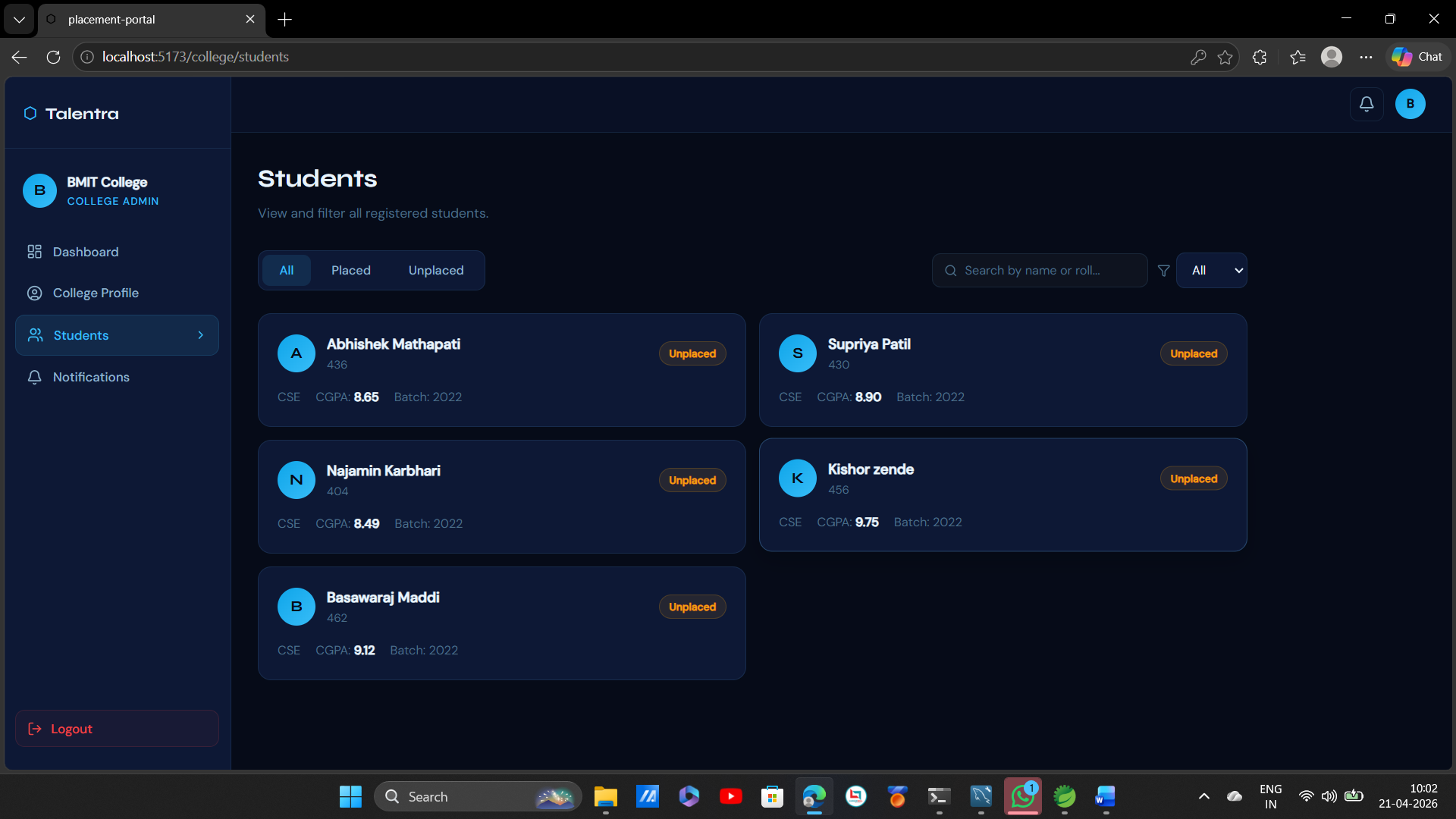 Talentra-Smart Student campus placement project - Screenshot 2